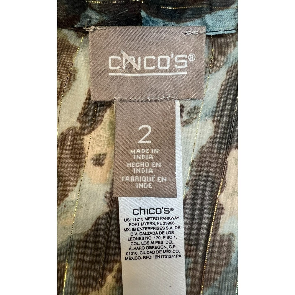 Chico's SZ 2 Open Cardigan/Coverup Sheer Georgette Blue Brown Gold Animal Print - Picture 6 of 11